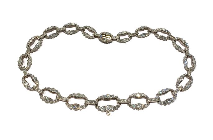 Antique diamond link necklace of 18 oval sections, one as clasp, gold and silver set | MasterArt